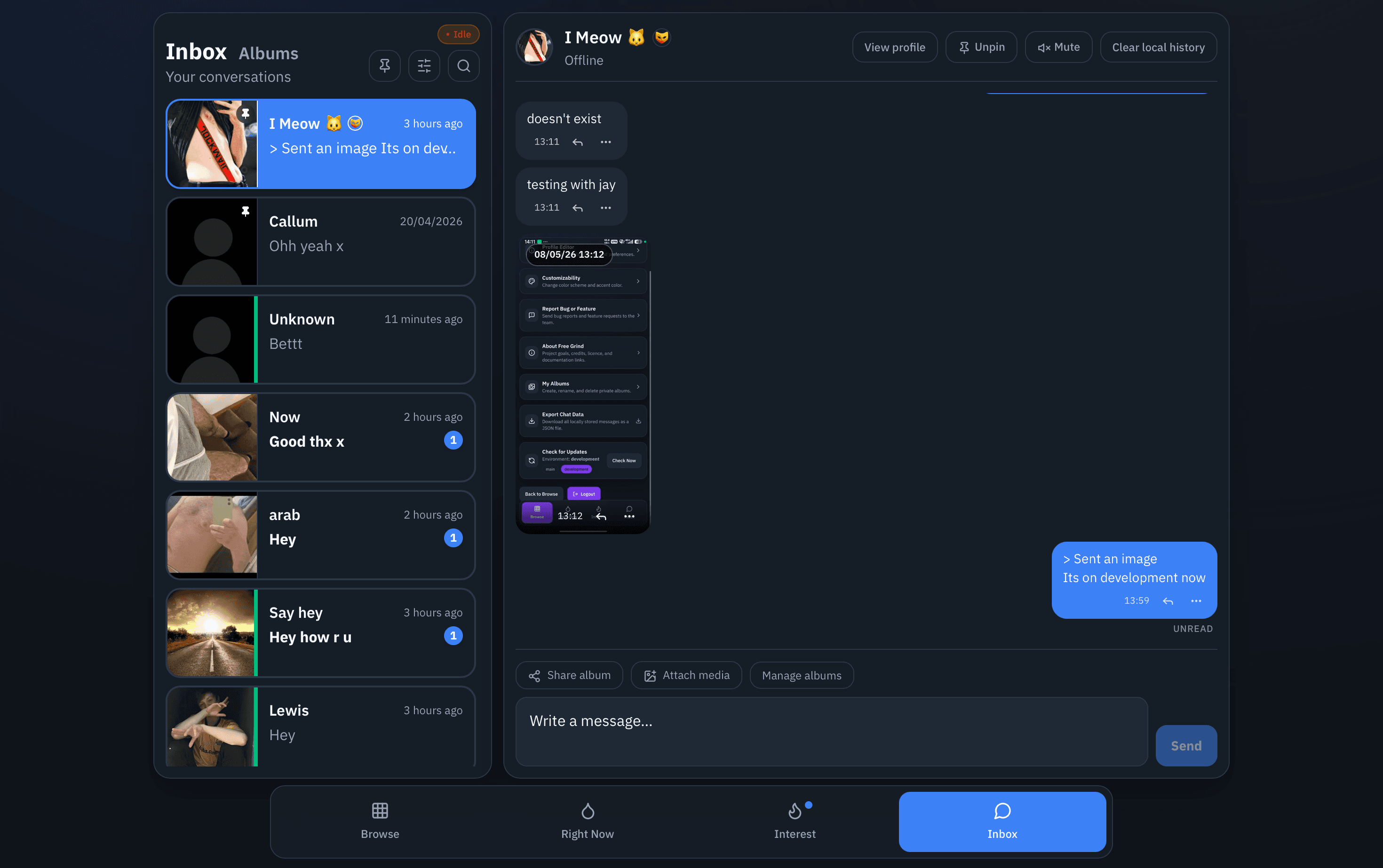 Free Grind on desktop, showing a chat conversation